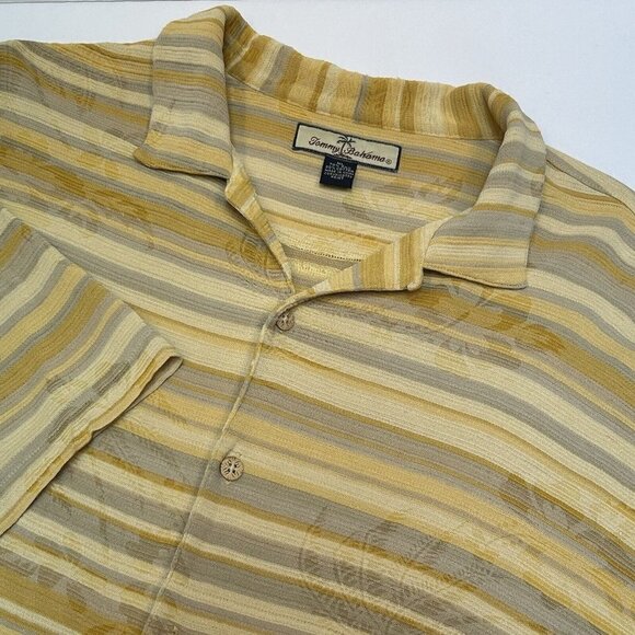 Tommy Bahama Shirt Mens Extra Large Silk Cotton Yellow Stripe Tropical Print - Picture 1 of 14